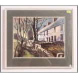 A gouache study of a Welsh landscape with row of stone cottages, figure, stone wall, etc,