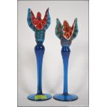 Very good pair of early 20th century studio glass candlesticks in blue and multi colour with