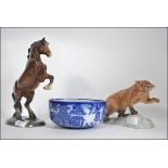 BESWICK ENGLAND , rearing horse - 1014 , cougar - 1823 , along with Doulton Burslem Willow Bowl.