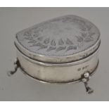 A silver trinket box on hoof feet with Birmingham hallmarks 1908 makers Joseph Gloster.