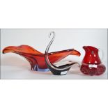 RED : Whitefriars red glass jug with clear glass handle ,