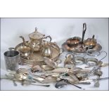 Mixed lot of silver plate to include , tray , flatware , jugs ,