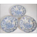 A set of three 19th century blue and white transfer printed Surseya Ghatt Khanpore plates by T B