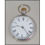A lady`s silver, keyless wind, open faced pocket watch, movement by the American Watch Co.