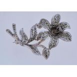 A 1950s marcasite brooch in silver tone metal with a rollover clasp, measuring 6cms long.