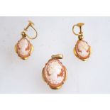 A vintage 9 carat gold cameo pendant and a screw earring set marked "9ct",