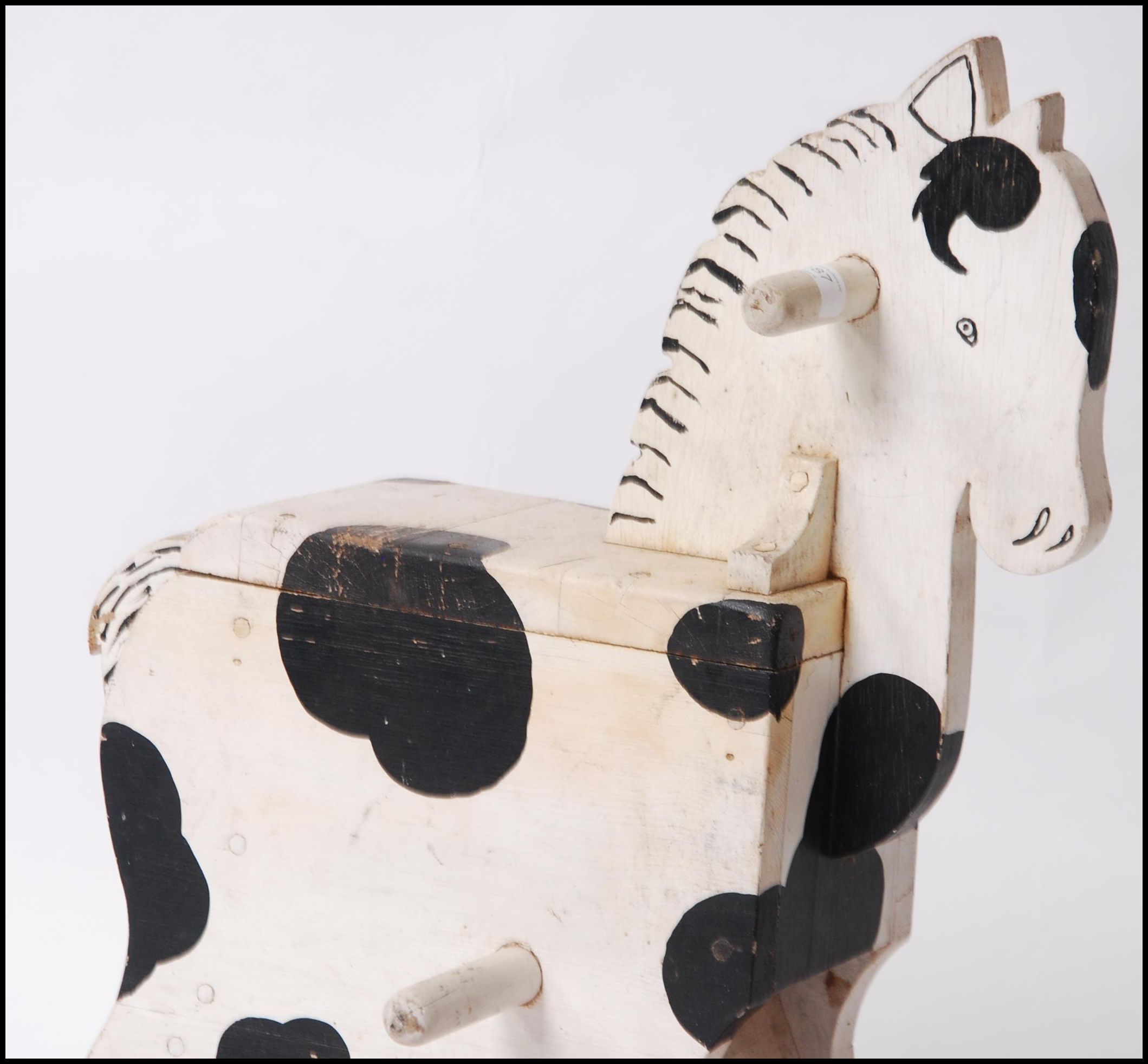 A 1950's unusual painted rocking horse of small proportions set over red painted wood glider rails - Image 2 of 5