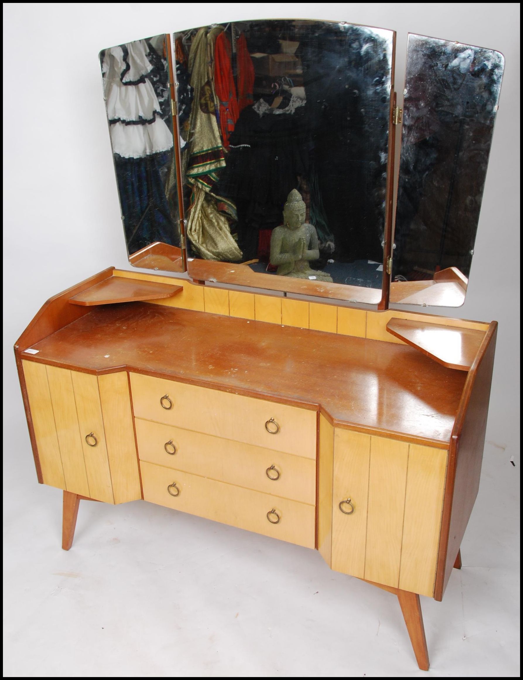 A pair of 1950's retro oak and maple wood dressing table raised on square tapered legs with drawers - Image 2 of 4