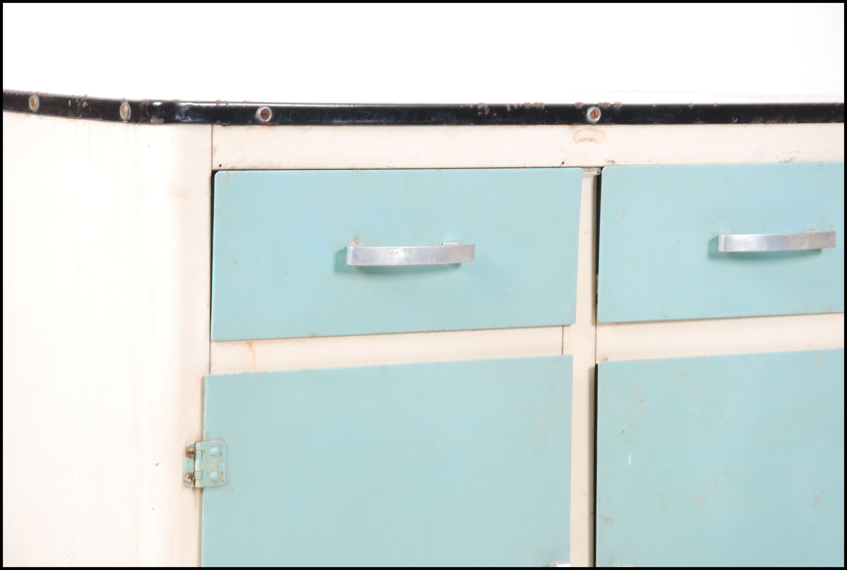 A 1950's British metal enamel painted kitchen dresser cabinet of two tone blue and white form - Image 2 of 5