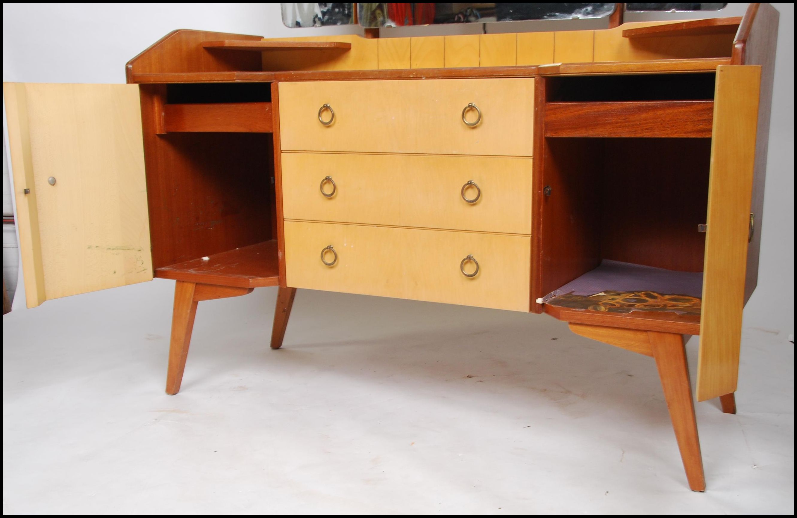 A pair of 1950's retro oak and maple wood dressing table raised on square tapered legs with drawers - Image 3 of 4