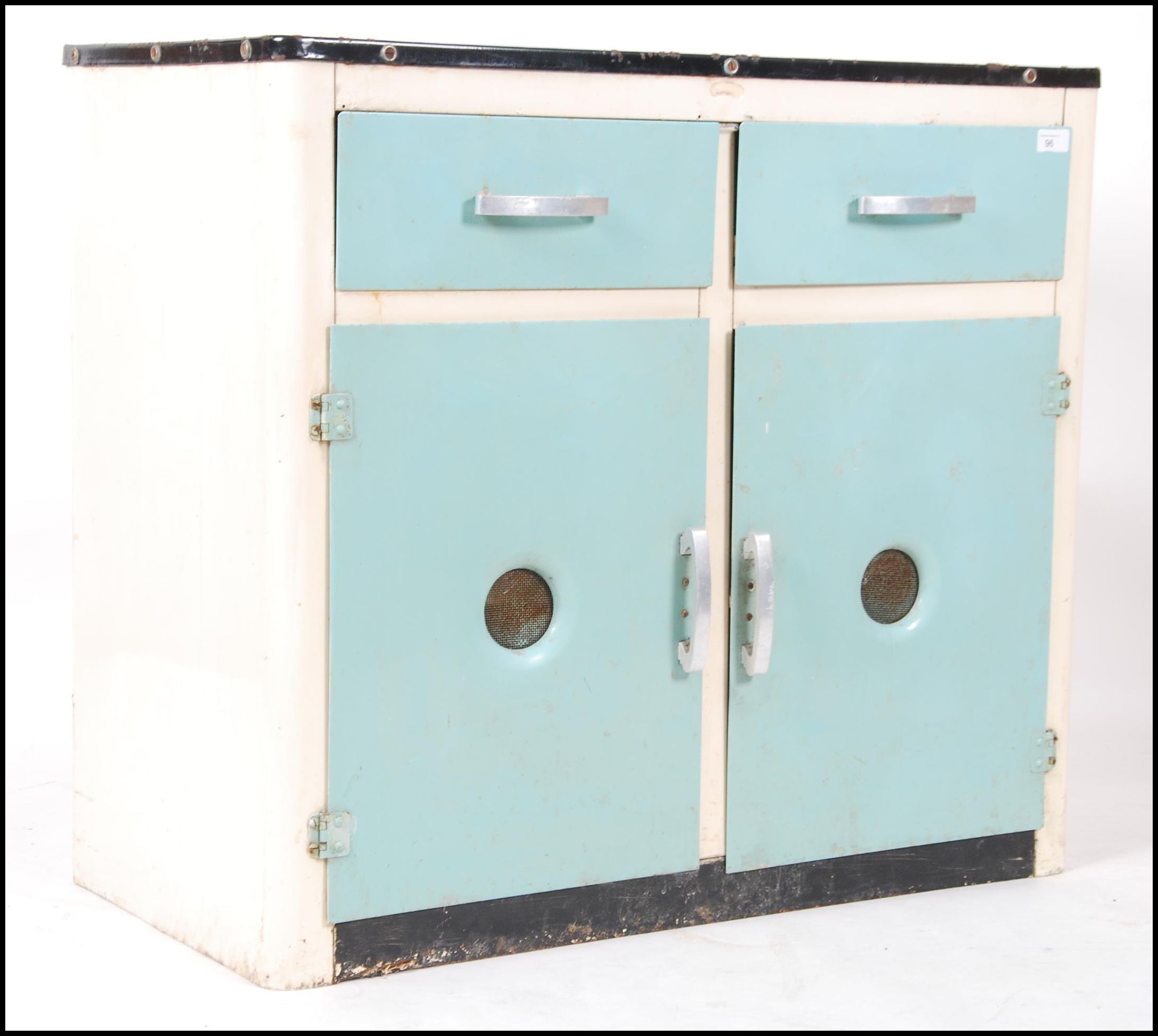 A 1950's British metal enamel painted kitchen dresser cabinet of two tone blue and white form