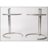 A pair of Eileen Grey style chrome and glass coffee / side occasional tables having glass tiers on