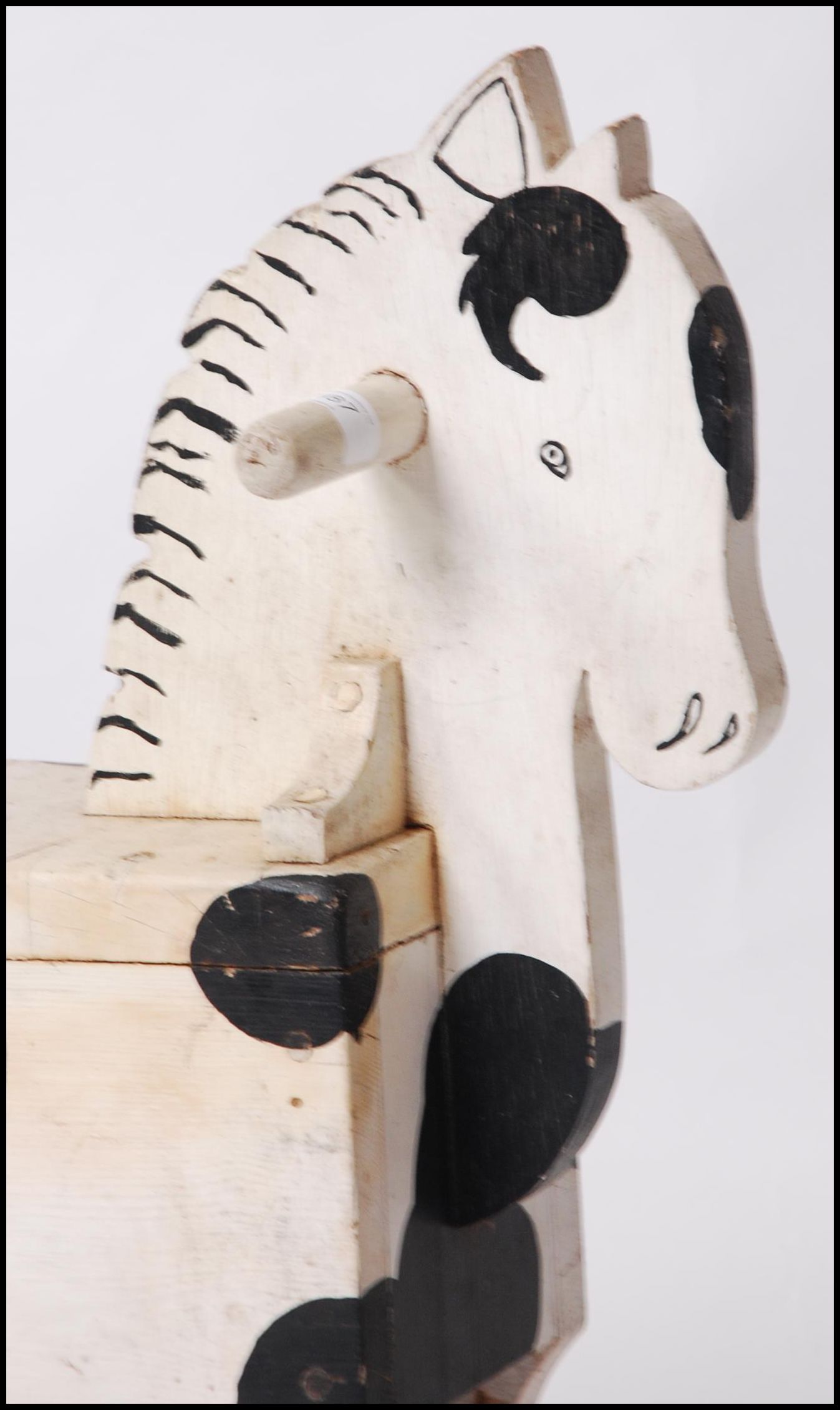 A 1950's unusual painted rocking horse of small proportions set over red painted wood glider rails - Image 4 of 5