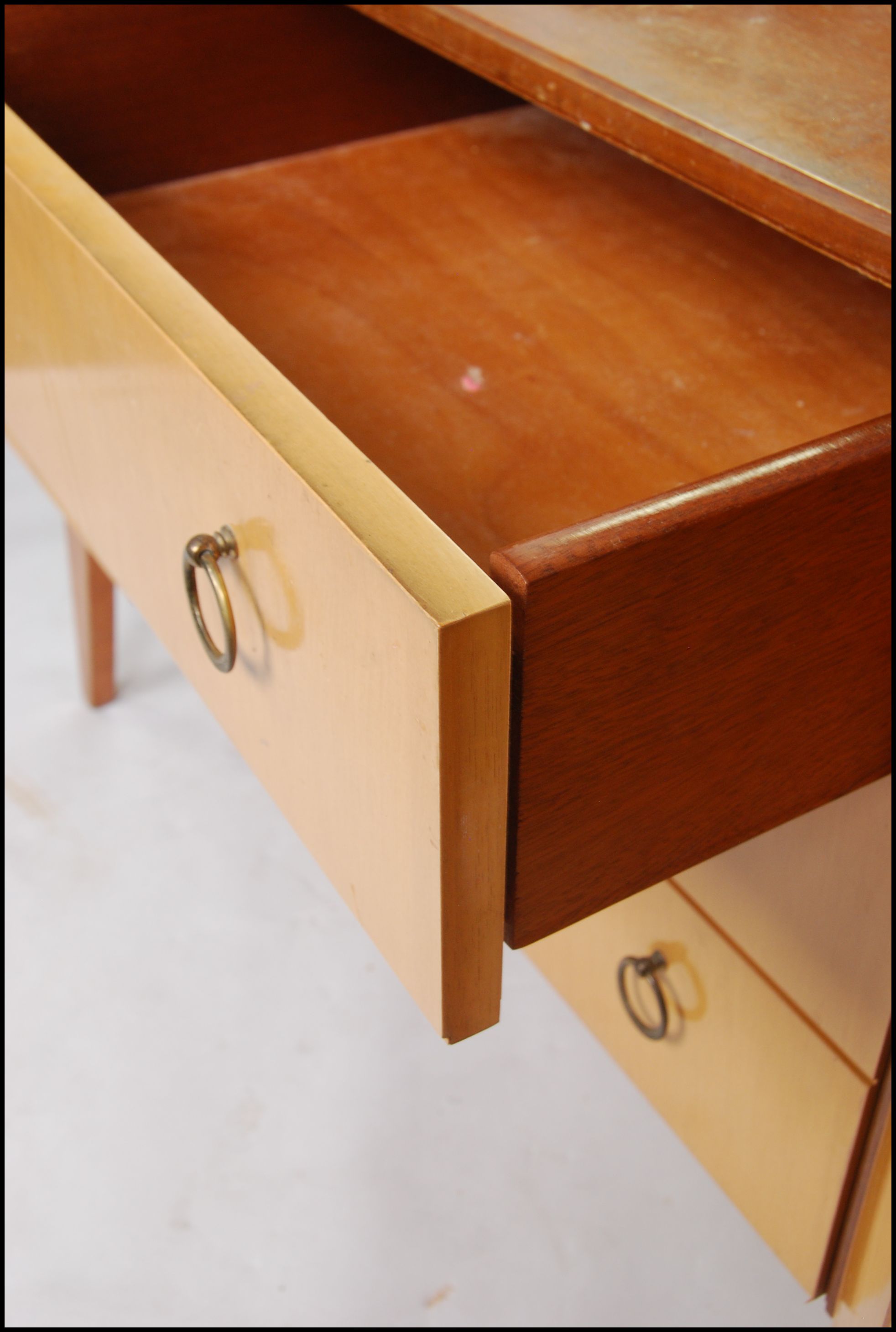 A pair of 1950's retro oak and maple wood dressing table raised on square tapered legs with drawers - Image 4 of 4