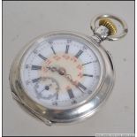 A continental silver 800 proof crown wind pocket watch with decorative dial and faceted hands.