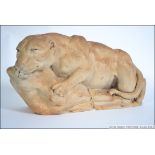 A good 20th century large carved stone tiger raised on plinth base having inscribed signature to