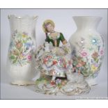 A pair of 20th century boxed Aynsley ceramic vases along with a Austrian Dresden style figurine
