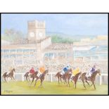 A framed oil on canvas painting of a horses and jockeys galloping past the finishing post in front