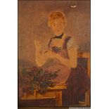 A 19th century oil on wooden board panel portrait study painting of a lady flower arranging at a