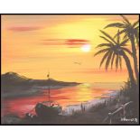 A framed retro 20th century oil on canvas painting of a colourful vibrant coastal sunset.