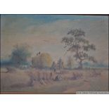 A 19th century English school oil on board painting of a harvest wheat scene bearing illegible