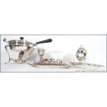 A collection of silver plates wars to include a flambe pan on stand together with an egg coddler,