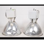 Two large vintage 20th century lights Industrial factory pendant lights having polished steel