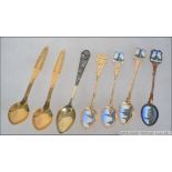 A group of Russian silver spoons to include one enamel and silver 875 spoon with lambda Greek