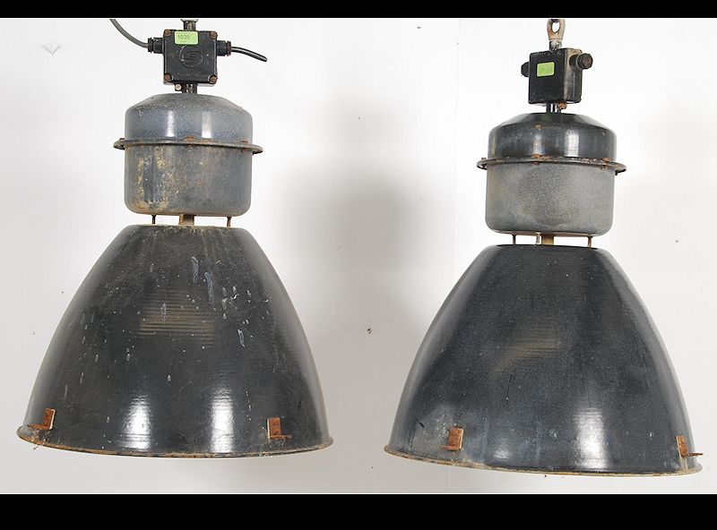 A pair of mid century - 1960's industrial factory pendant lights.