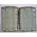 A pair of Chinese 20th century celadon crackle glaze pots / brush pots / vases. Measures 12cms high.