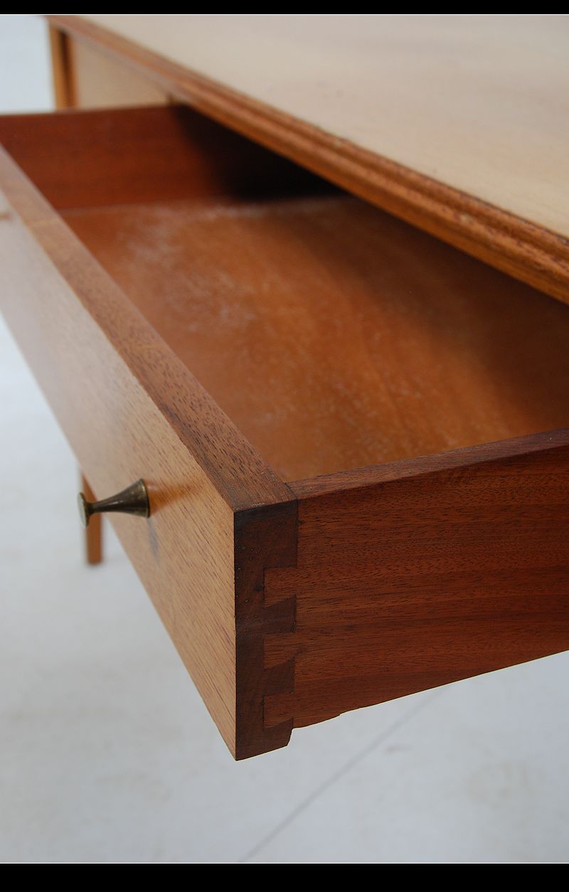 A 1970's Youngers teak wood desk raised on shaped supports having floating pedestals with recessed - Image 3 of 5