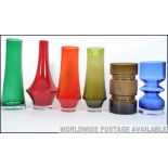 A collection of six retro 1960's and 1970's Scandinavian style studio glass vases some by Riihimaki,