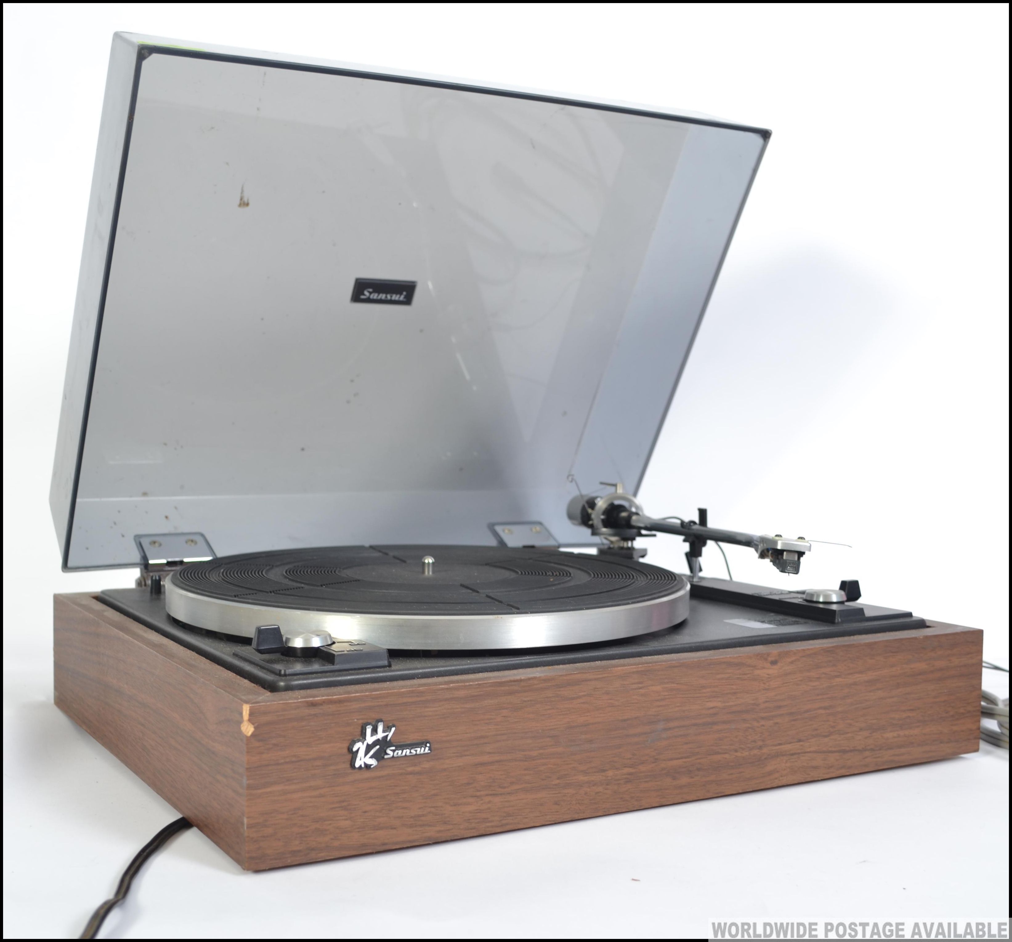 A retro 1970's teak cased with smoked lid Sansui SR - 212 belt drive auto-return turntable record