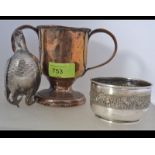 An 18th century twin handled silver plate on copper christening mug with notation to the front Born