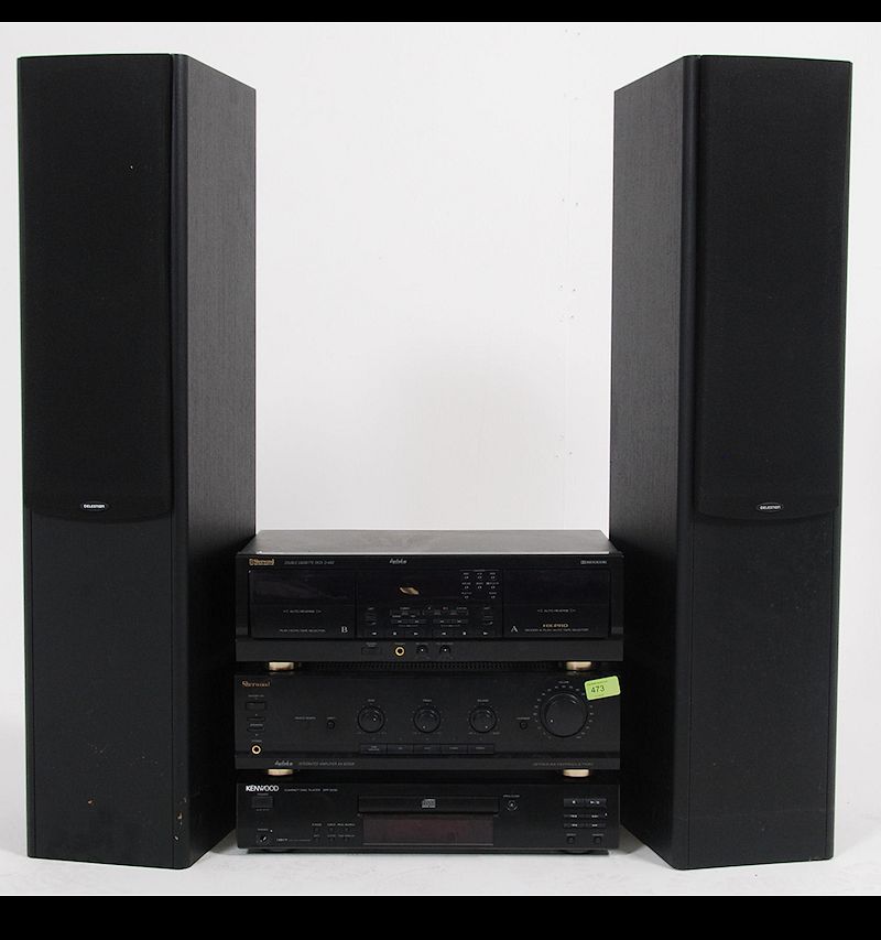 A fantastic 1980's separates stacking system in black consisting of a Sherwood D - 480 tape deck,