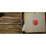 A large collection of 78 rpm records of various genres held within two boxes.