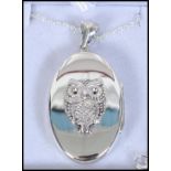 A silver lucky owl locket set to a silver fine linked chain.