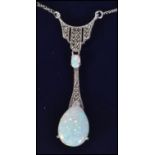 A substantial silver and opal art deco style pendant necklace and chain.