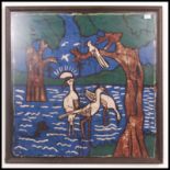 A large 20th century batik print on linen of Indonesian / asiatic Egrit birds being framed and