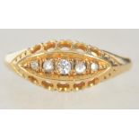 A hallmarked Edwardian 18ct gold and 5 stone diamond ring bearing Chester hallmarks for 1909.