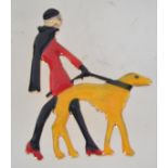 A vintage enamel Art deco style figural brooch pin in the form of a lady walking a bolshoi dog with