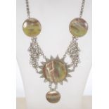 A vintage agate cabochon set festoon necklace on woven metal military style chain.