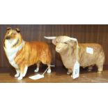 A Beswick model of a 'Highland Bull' no.2008, gloss, 12.7cm and another of a Collie 'Lochinvar of