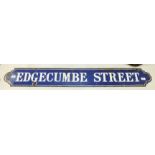 A Plymouth enamelled road name sign 'Edgecumbe Street', in white letters on a blue ground, 18 x