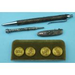 Four "Royal Victoria Yacht Club" gilt buttons by Firmin & Son Ltd, a button hook/nail file (a/f) and