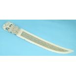 A Victorian ivory paper knife with intricately-pierced and slightly-curved blade, the handle