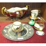 A Crown Devon Fieldings two-handled bowl decorated in the Japanese taste on a rouge royale ground,