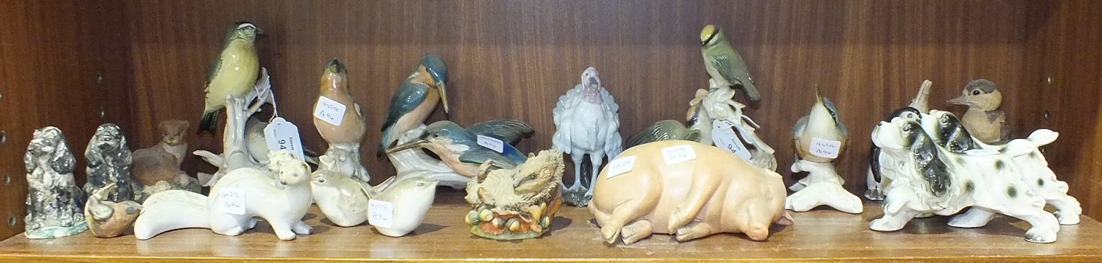 Five Karl Ens porcelain bird ornaments and other animal ornaments.