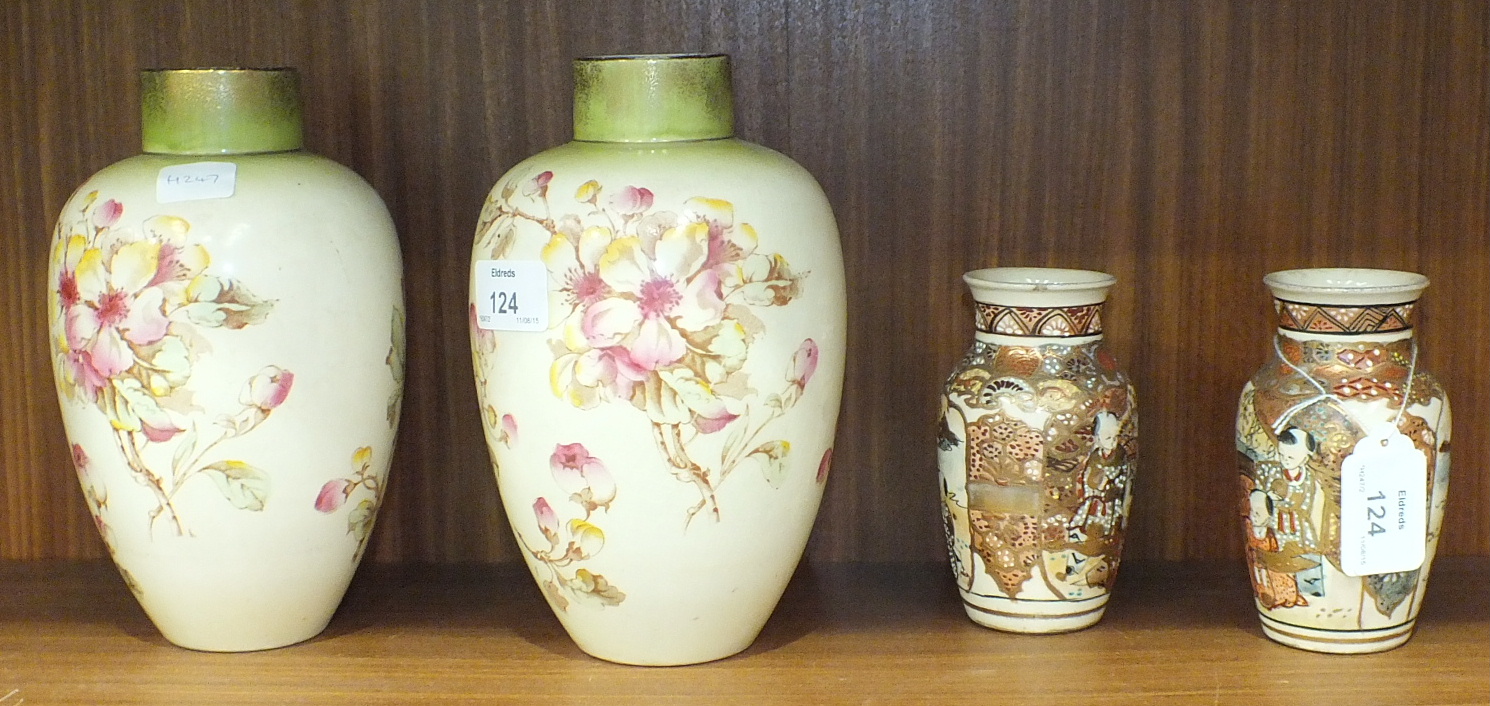 A pair of small Satsuma vases decorated with figures, 12cm high and a pair of floral-decorated