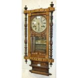 A late-Victorian marquetry and inlaid cased striking wall clock, 92cm high, (dial a/f).